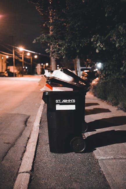 A black wheelie bin with a white label and the name 'St. John's' printed on it is positioned on the edge of a concrete sidewalk in an urban or suburban street setting at night. The bin is open, reveal