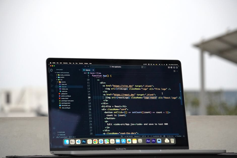 A close-up photograph of a computer screen displaying lines of code in a text editor. The code is written in a syntax highlighting style with different colours for tags, variables, and functions, incl